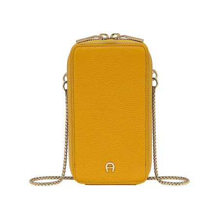 Classic Women Tanned Yellow Smartphone Pouch With Chain Aigner Leather Accessories
